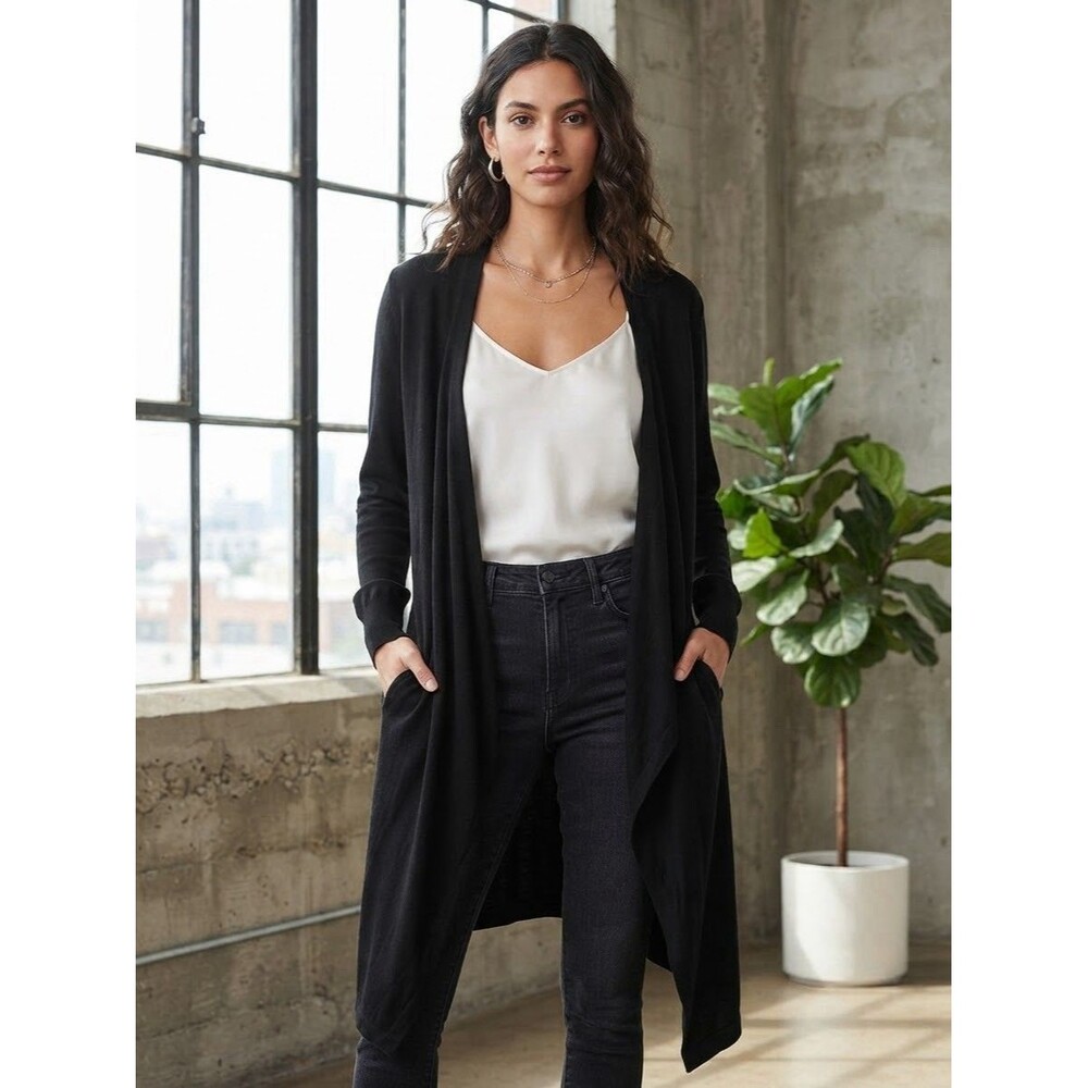 Chelsea & Theodore Womens Black Long Cardigan Sweater Open Front XL Viscose Wool